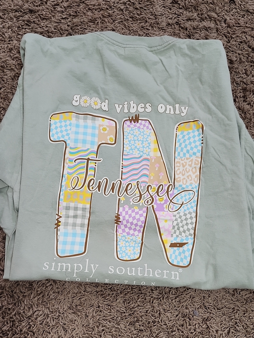 Simply Southern Women's Long Sleeve Tee - Sage with Pastel Patchwork TN